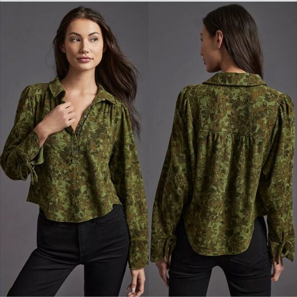Anthropologie Pilcro Puff Sleeve Blouse Size Medium Cotton Floral Green